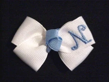 BABY Hair Bow - Barrette Clip White/Blue Monogrammed Initial "N"   2 3/4"