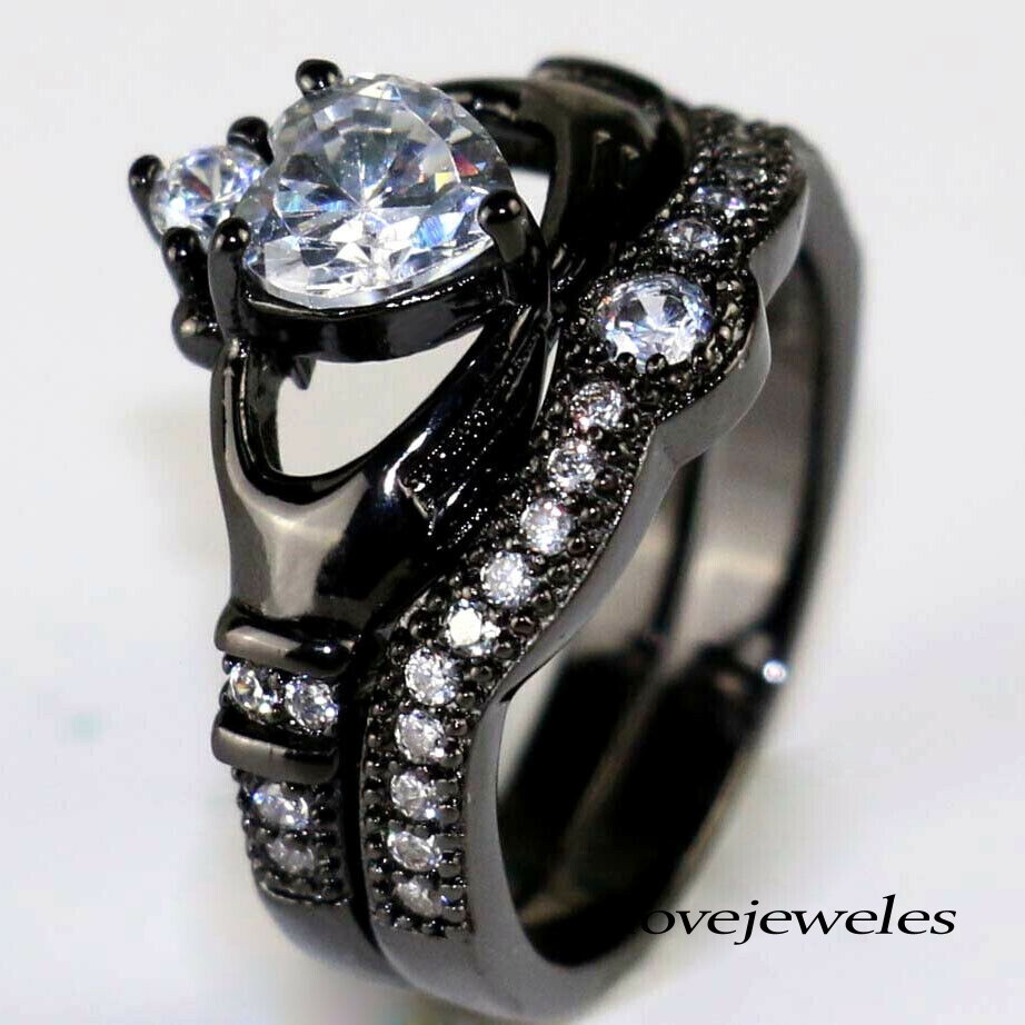 3CT Heart Shape Lab-Created Diamond Bridal Set Claddagh Ring 14K Black Gold  Over