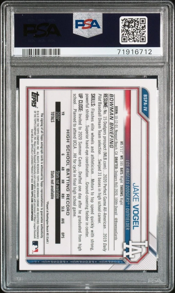 2021 Bowman Chrome Jake Vogel Sapphire Aqua Auto PSA 9 Mint - Image 2 of 3