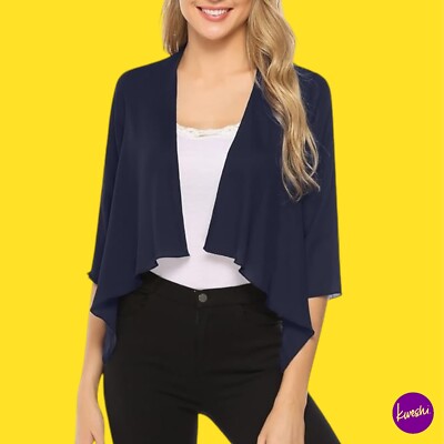 TOTATUIT Women's 3/4 Sleeve Chiffon Shrug Cardigan, Waterfall Hem, Navy,  Size S UK