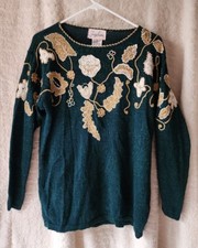 Joeclyn Smith VTG Embroidered Beaded Sparkly Green Gold Sweater 80s Womens Sz S