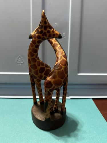 2 Giraffes Figurine Hand Carved on Wooden Stand 8" Tall Folk Art Africa - Picture 2 of 10