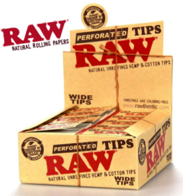 Authentic Raw Rolling Paper Wide Perforated Filter Tips Full Display of 50 Pack