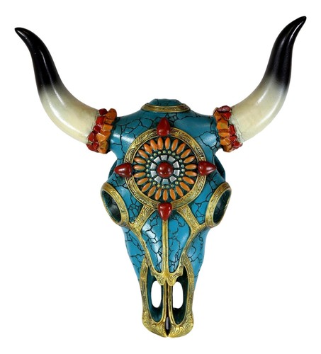 Southwest Steer Bison Cow Aztec Sun Gold And Turquoise Mosaic Skull Wall Decor - 第 4/10 張圖片