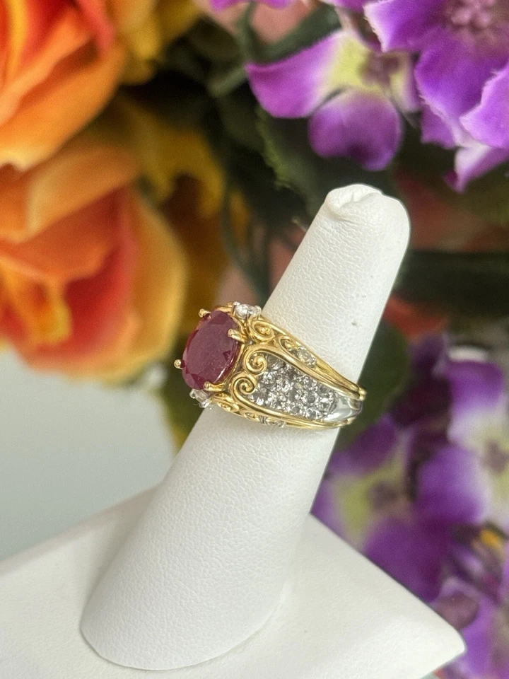 Anillo de plata esterlina Victoria Wieck rubí topacio blanco filigrana cóctel banda talla 5 Foto 2 de 4