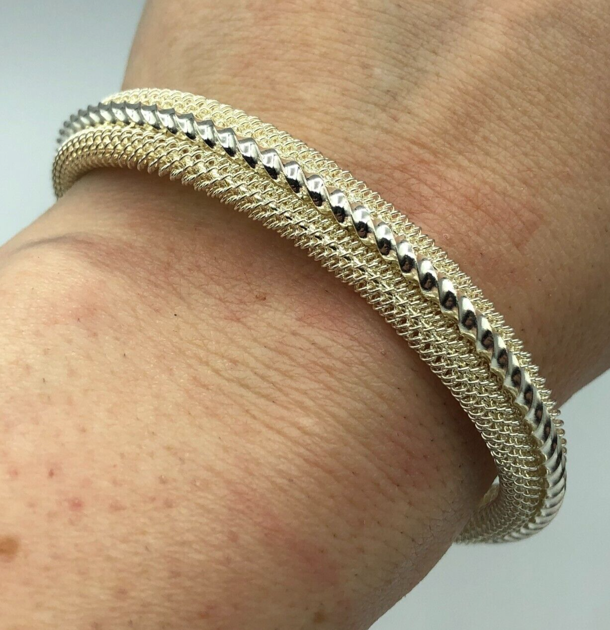 Silver Tone Mesh & Twist Cuff Bangle for Christmas Party Stacking Retro Festival Look-image