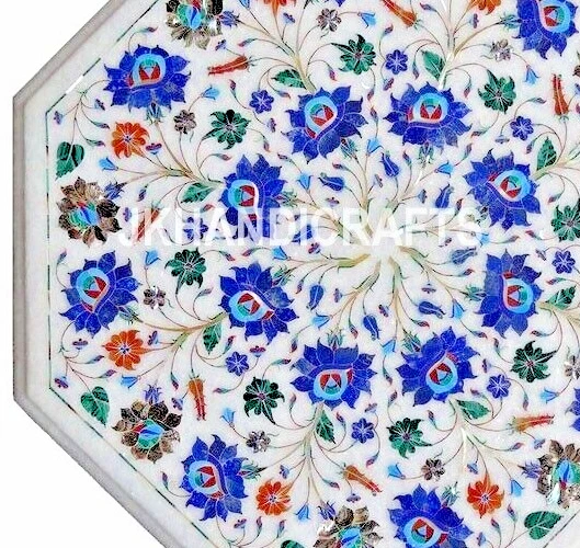 Marble Table Peacock Semiprecious Inlay Work Home Decor Gift 18" Octagonal - Image 2 of 4