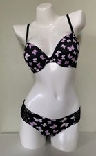 NEW Victoria's Secret PINK Push Up Bra  Thong Panty Set Black Purple Butterfly
