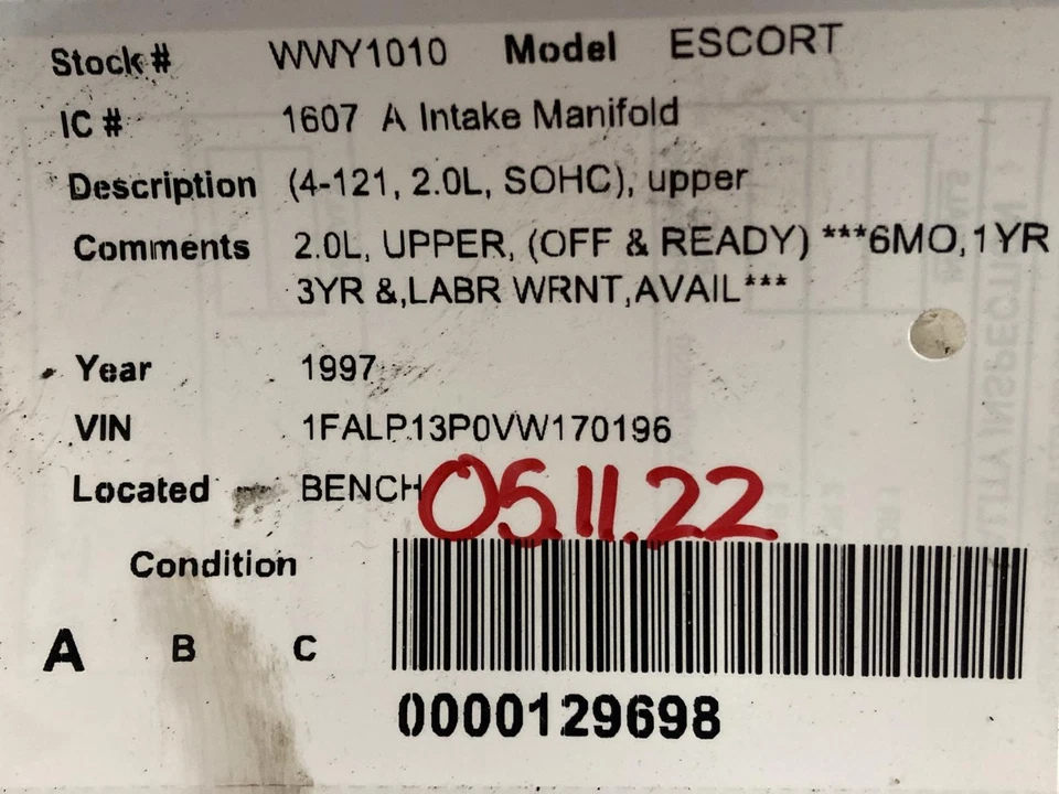 Used Upper Engine Intake Manifold fits: 1997 Ford Escort 4-121 2.0L SOHC upper U Foto 3 de 4