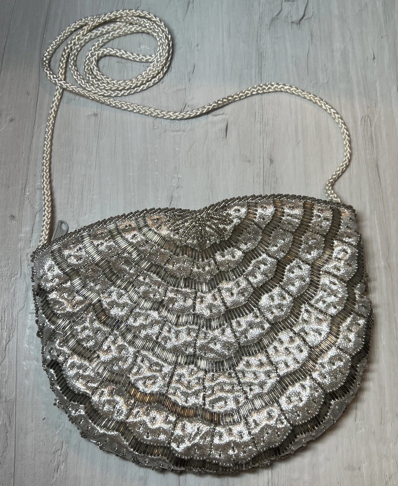 VTG Lord & Taylor Evening Handbag Purse Pewter Gray Satin Beaded Gorgeous!!! - Изображение 2 из 4