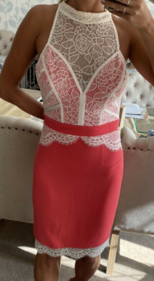 Lipsy Bodycon Kleid Größe 14 Koralle Creme Weiß Spitze Party Hochzeit Gast Anlass