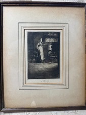 Antique Signed G. Schmidt Etching Woman Interior Spinning Wheel Framed
