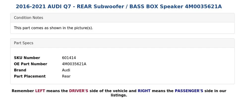 AUDI Q7 2016-2021 - Subwoofer trasero/Altavoz caja de bajos 4M0035621A Foto 4 de 4