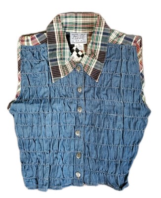 Y2K Cotton Vest Youth Junior M Medium Women Small Button Front Denim Jean Plaid 