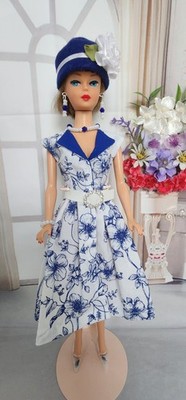 HANDMADE FOR BARBIE DOLL CLOTHES NAVY BLUE FLOWERS PRINT DRESS SET 