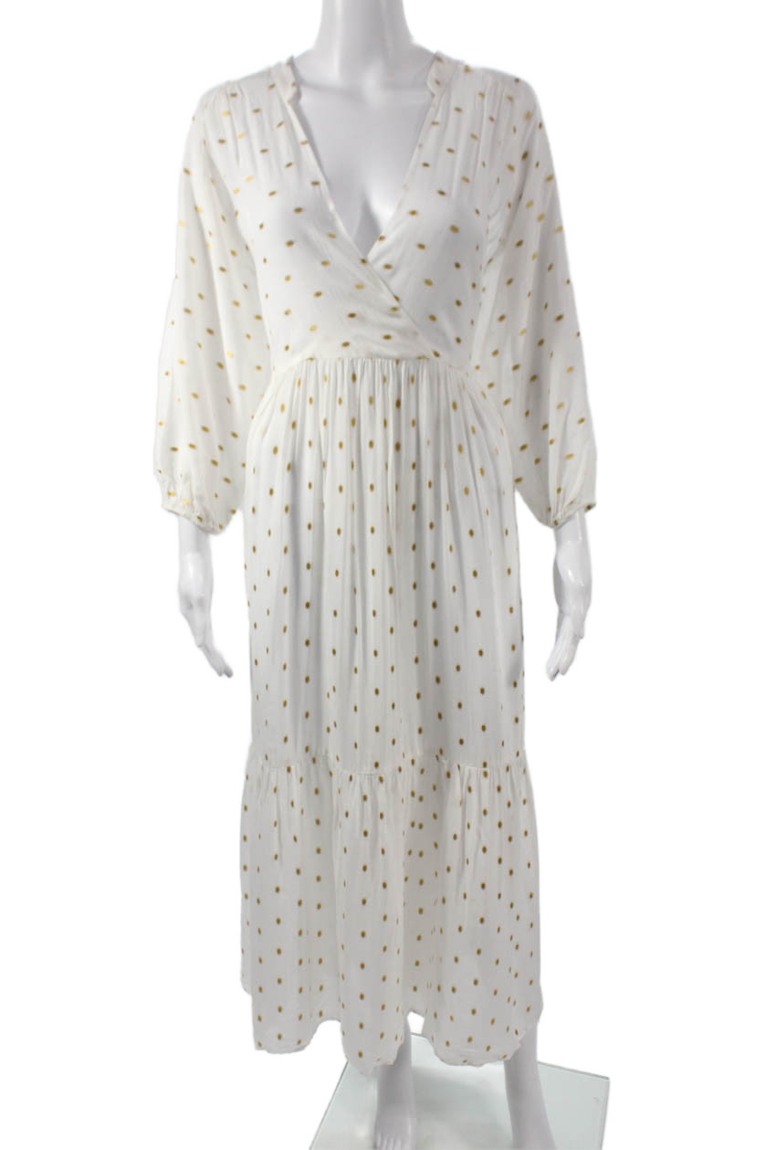 Anthropologie Women White Spotted V-Neck Long Sleeve Maxi Dress Size SFree Shipping in US $100+ Orders | $6.95 Orders Below