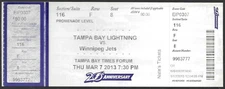 Tampa Bay Lightning vs Winnipeg Jets March 7 2013 ticket stub