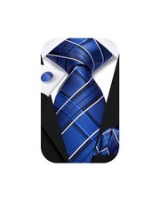 Mens 70 inches Tie Set Extra Long Necktie With Cufflinks White Blue a