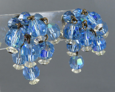 VTG Laguna Dangle Clip-On Earrings BEADED CLUSTER Blue & Clear Crystals SILVER