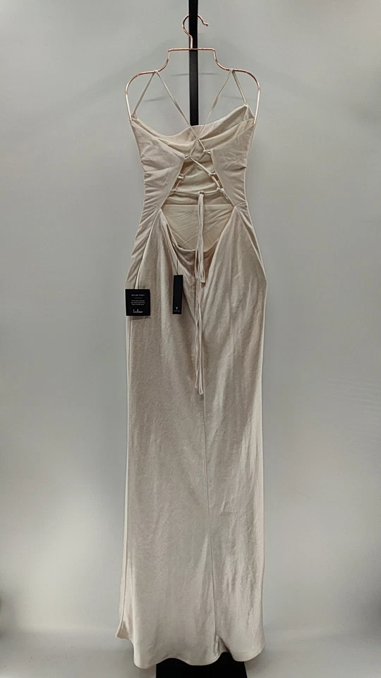 Lulus Women Inspire Romance Champagne Satin Cowl Neck Lace-Up Maxi Dress S - Image 2 of 2