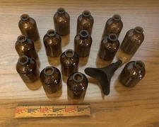 Vintage  Brown Glass Ink Bottles, Lot Of 14, With Funnel