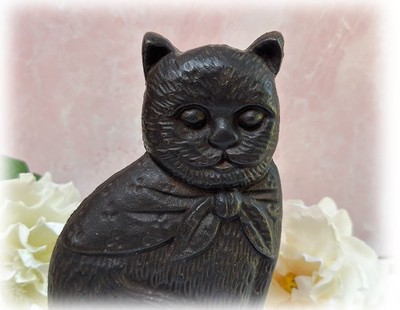Vintage Cast Iron Black Cat Door Stop Kitty Bandana Rustic