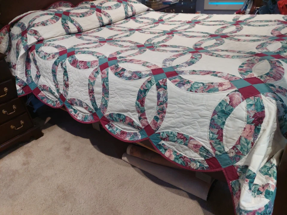 Anillo de boda doble artesanal edredón rey rosa verde azulado Joan Messmore Rosas juego de 2 tonos Foto 2 de 4