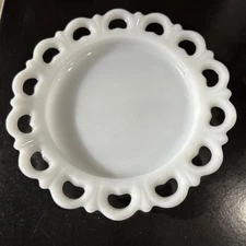Vintage White Milk Glass Lace Heart Edge Cake Plate 8"