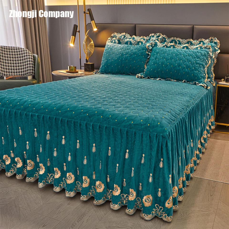 Quilted Velvet Bedspread Set Queen Embroidered Flower Thicken Ruffle Bed Skirt - Image 2 of 4