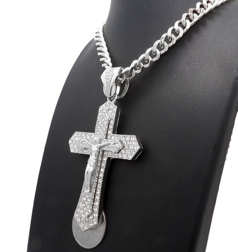 Gold Plated Cubic Zirconia Large Jesus Cross Charm Franco Cuban Chain Necklace - Picture 66 of 165