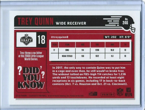 Trey Quinn-Denver Broncos-2018 Classics Red Back #246 (258/299) - Picture 2 of 2