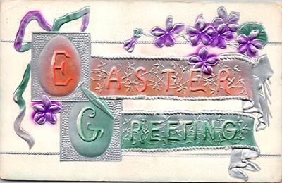Vintage Spray Painted Easter Postcard Purple Flowers Embossed 1910