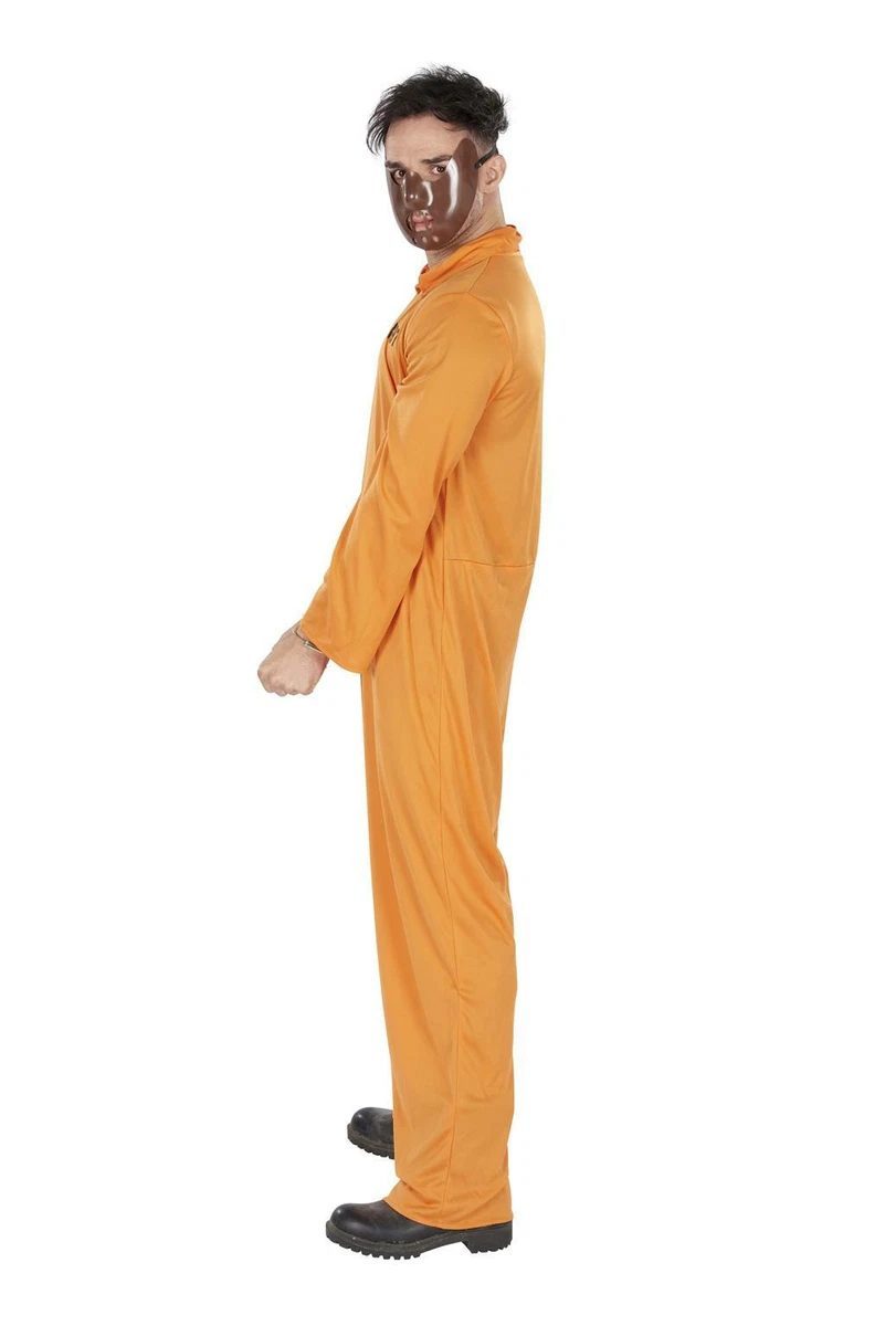 Mens Convict Orange Jumpsuit Prisoner Outfit Halloween Fancy Dress Costume