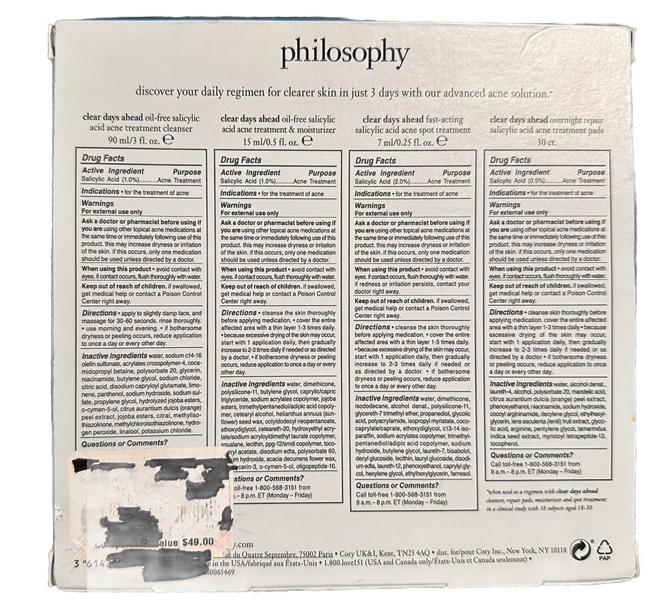 Nuevo en caja Philosophy Brand Clear Days Ahead Juego de prueba de tratamiento del acné Clean Calm Clear Foto 2 de 2