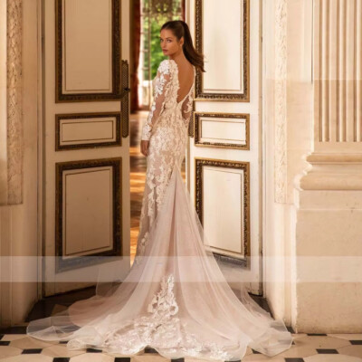 Elegant Mermaid Wedding Dresses V-neck Long Sleeves Open Back Sweep Train Lace | eBay Elegant Mermaid Wedding Dresses V-neck Long Sleeves Open Back Sweep Train Lace | eBay