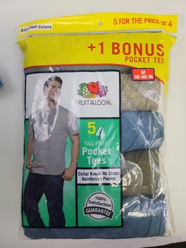 NEW Fruit of the Loom 5 Pk Assorted Colors T-Shirt Pocket Tees 2013 Men M 38-40