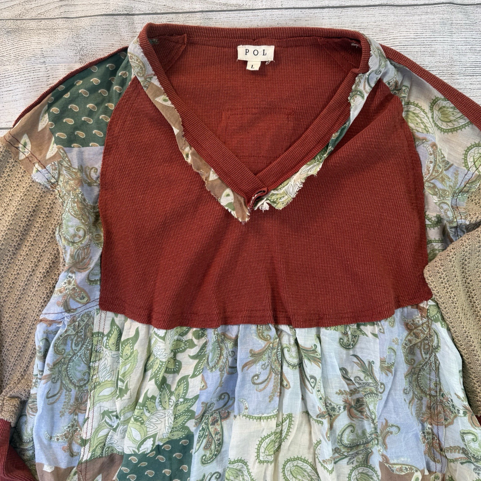 Pol Boho Patchwork L Flowy Loose Long Sleeve Top … - image 2