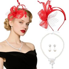Fascinators Headband with Feather, Women's Tea Party Hat for Red