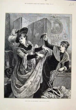 Original Old Antique Print Young Faces Fashion Dressing Up Girls 1878 Victorian
