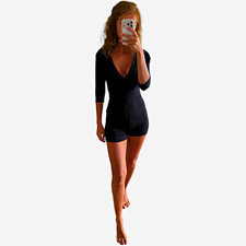 LA PERLA Black Lace Trim V-Neck 3/4 Sleeve Full Zip Teddy Bodysuit