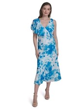 NWT Halston Blue White Floral One Shoulder Maxi Dress Women's Size 6 Elegant