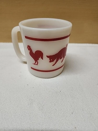 Vintage Farm Animals Milk Glass Mug Duck Lamb Pig Rooster RED Hazel Atlas Childs
