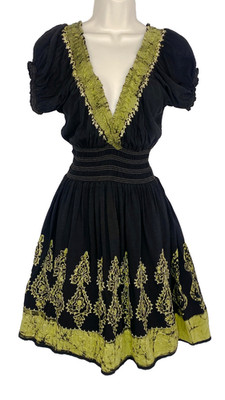 Black green embroidered dress cotton short puffed short sleeves boho pullover