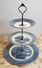 Handcrafted From Currier &Ives Ironston China 3 Tiered Serving Tidbit Tray