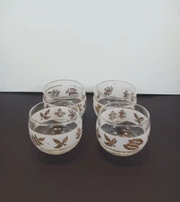 Set Of 4 Rare MCM Gold Leaf Frosted Round Abt 2" Tall Cocktail Glasses Libbey 