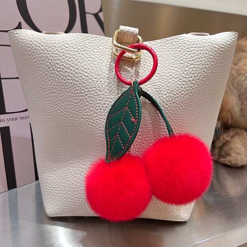 Cute Real Rabbit Fur Cherry Keyring Fur Ball Pompom Bag Charm Car Phone Pendant - Picture 5 of 7