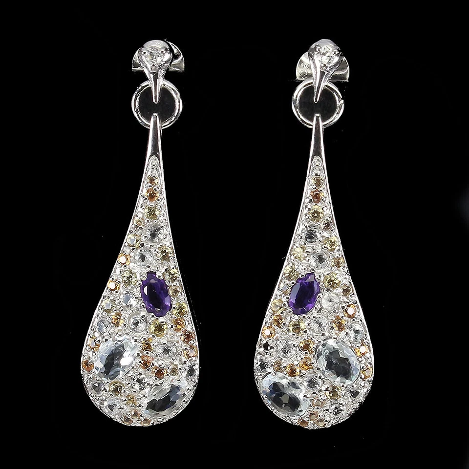 Orecchini In Argento Sterling 925 Ovali Con Acquamarina Zaffiro E Ametista - Immagine 2 di 4