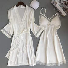 2PCS Women Satin Silk Nightwear Sleepwear Lace Night Gown Long Dressing Set