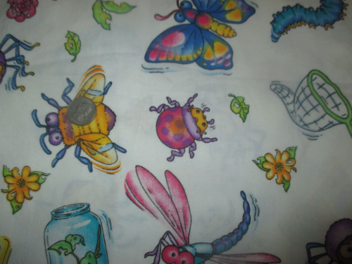 DAISY KINGDOM Vintage INSECTS/BUGS On WHITE 1990's COTTON Fabric - over 1 yd - Picture 1 of 2