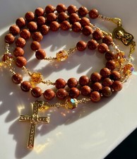 Rosary Beads, Gold, Brown, Goldstone And Swarovski Topaz, Baptism, Handmade